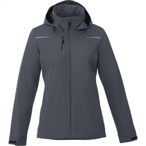 A women's fleece lined jacket in dark grey, featuring a hood and front zip with pockets. It has a logo on the sleeve.