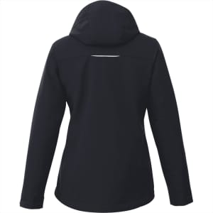 A women's black fleece-lined jacket featuring a hood and a back vent. Includes a logo on the fabric.