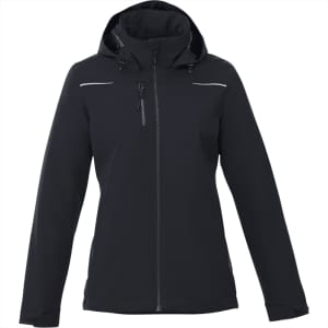 A women's black fleece lined jacket featuring a hood and zippered pockets, with a small logo on the front.