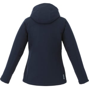 A women's softshell jacket in navy, featuring a hood and back view, with a logo on the fabric.