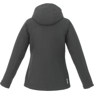A women's softshell jacket in dark grey with a hood and a branded logo on the back.