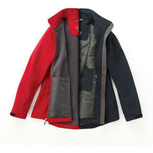 A softshell jacket for women in red and navy, showcasing an open front with inner pockets and a logo.