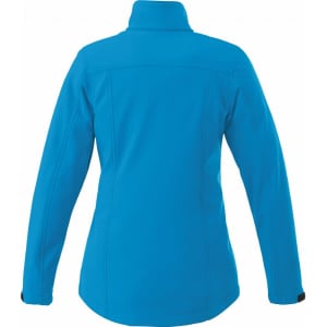 A women's softshell jacket in a vibrant blue colour, featuring a high collar and fitted design, with a logo on the back.