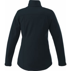 A women's softshell jacket in dark navy with a high collar and long sleeves, featuring a logo.