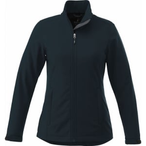 A women's softshell jacket in dark blue with a zip front and stand collar, featuring a logo.