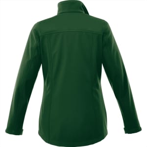 A women's softshell jacket in a dark green colour, featuring a high collar and a fitted design.