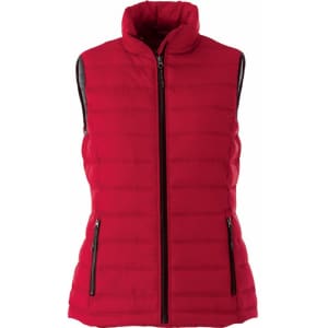 A red insulated vest with a high collar, featuring a zip front and side pockets. Includes a logo.