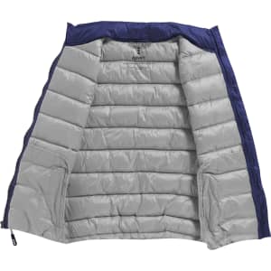 A women's Mercer Insulated Vest in navy blue, featuring a grey quilted interior and zippered closures.