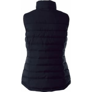 A women's black insulated vest with a fitted design, featuring vertical stitching and a high collar.