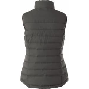A women's insulated vest in a dark green colour with a padded design and a high collar. It features a logo.
