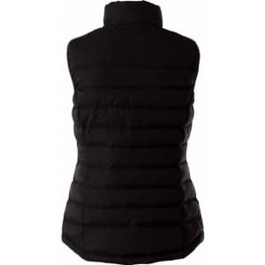 A black insulated vest for women, featuring a quilted design and a high collar, with a logo on the back.