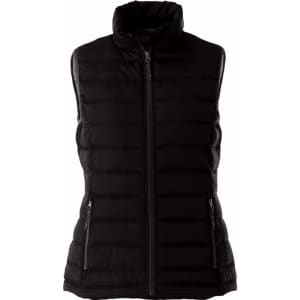 A black insulated vest with a high collar and zippered pockets. It features a sleek, padded design and has a logo.