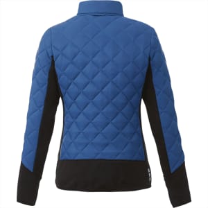 A women's insulated jacket in blue with black accents, featuring a quilted design and a branded logo on the back.