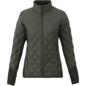 A women's insulated jacket in dark green with a quilted design, featuring front zippers and a high collar.