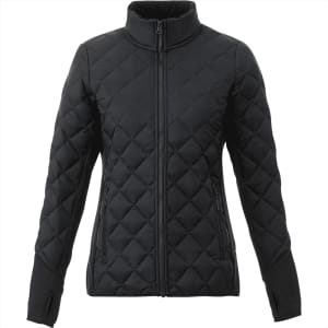 A women's black quilted insulated jacket with a high collar and zippered pockets, featuring a logo.