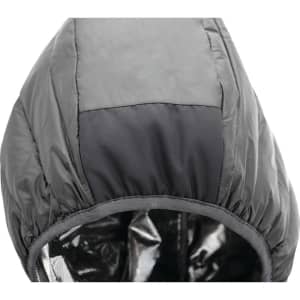 A black packable insulated jacket featuring a hood, with an inner lining visible. It has a logo on the exterior.