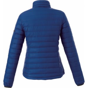 A blue women's puffer jacket with a sleek design, featuring a high collar and fitted sleeves. It has a logo on one sleeve.