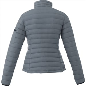 A women's puffer jacket in grey with a high collar and fitted design, featuring a logo on the sleeve.