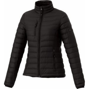 A black women's puffer jacket with a zippered front and pockets, featuring a branded logo on the sleeve.