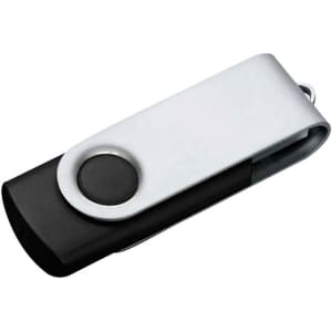 A rotating USB flash drive in black and silver, featuring a circular button and a clip design.