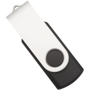 A black and white rotating USB flash drive with a circular button, 4GB storage capacity, and a logo.