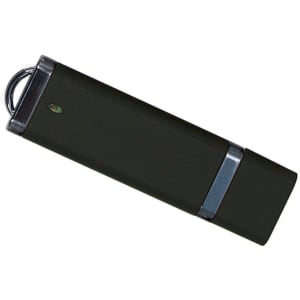 A black USB flash drive with a sleek design and a metal ring for attachment. It has a logo on the side.
