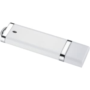 A white USB flash drive with silver accents, featuring a sleek design and a small logo on the body.