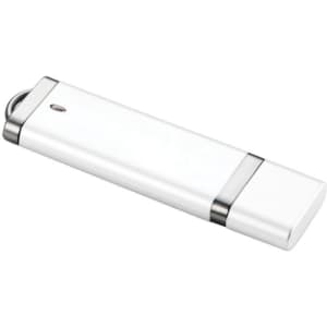 A white USB flash drive with a sleek design and metallic accents. It features a branding logo.