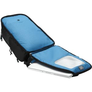 A laptop backpack featuring a blue interior and black exterior, with a padded compartment for a laptop.