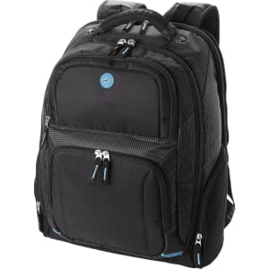 A black laptop backpack with multiple pockets and zippers, featuring a blue accent and a logo.
