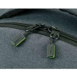 A grey backpack with a textured finish, featuring dual black zippers with green accents and a logo.