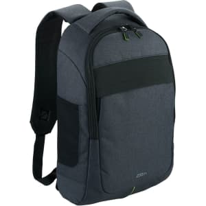 A grey laptop backpack with adjustable straps and multiple compartments, featuring a logo on the front.