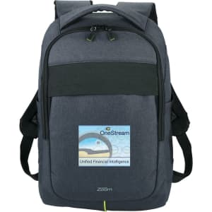 A grey laptop backpack with adjustable straps and a logo, featuring a sleek design and a front pocket.