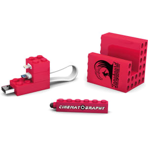 A red 3-in-1 mobile set featuring a USB drive, charging cable, and a stand, all designed with a building block style.