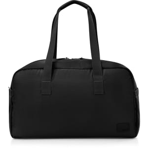 A black duffle bag with two top handles and a side pocket, featuring a logo on the side.