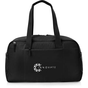 A black duffle bag featuring double handles and a logo, with multiple compartments for storage.