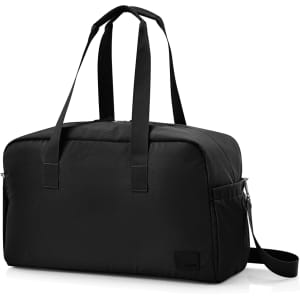 A black duffle bag with two handles and a removable shoulder strap, featuring side pockets and a branding logo.