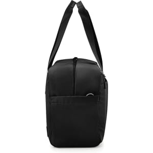 A black duffle bag with a strap and a front pocket, featuring a logo on the side.