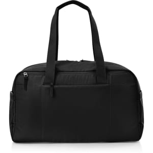 A black duffle bag with two handles and multiple zippered compartments. Features exterior pockets and a simple design.
