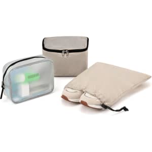 Three organisational bags in beige and translucent materials for storage, featuring a shoe bag, a small pouch, and a zippered bag.