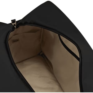 A black duffle bag with an open top and beige interior, featuring an inner pocket. It has a branded logo.