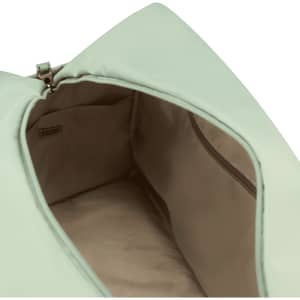 A light green duffle bag interior with a zippered pocket and smooth lining. The bag has a logo inside.