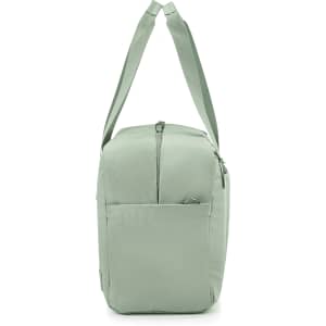 A light green duffle bag with a shoulder strap and a front pocket, featuring a logo on the side.