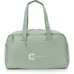 A light green duffle bag with a logo, featuring two handles and zippered compartments.