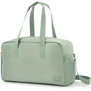A light green duffle bag with two handles, a shoulder strap, and a simple design, featuring a logo.