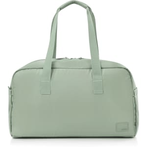 A green duffle bag with two handles and a zipped main compartment. It features a small logo.