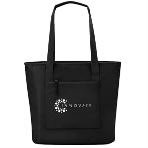 A black tote bag with a front pocket and a logo, featuring long handles for easy carrying.