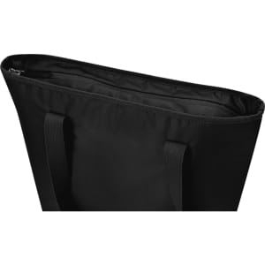 A black tote bag featuring a spacious interior and sturdy handles, with a simple design and no visible branding.