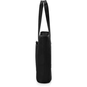 A black tote bag featuring a sleek design with two shoulder straps and a zippered opening. It has a logo on the side.