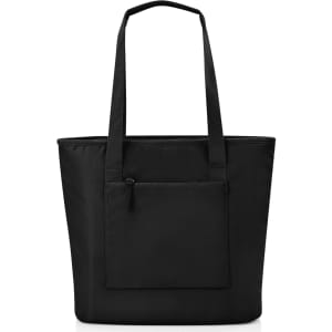 A black tote bag with two long handles and a front zip pocket, featuring a logo.